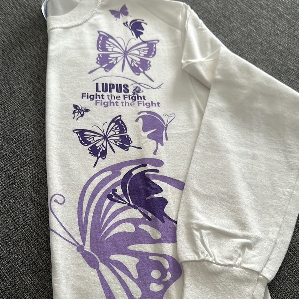 Gildan White and Purple Long Sleeve Tee with Butterfly Print
